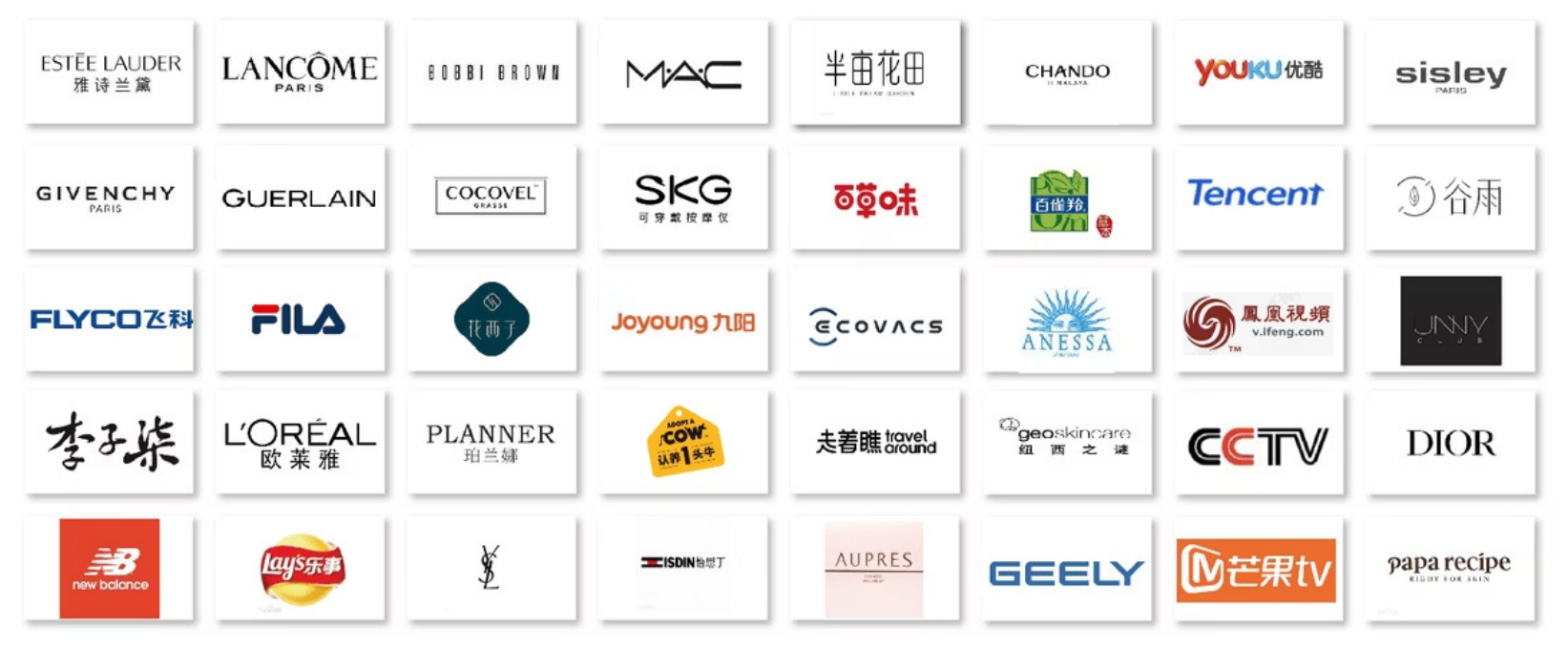 에스티로더, 랑콤, 맥, 로레알, 디올, 휠라, 텐센트, CCTV 등 소개서 수록 서비스 브랜드
